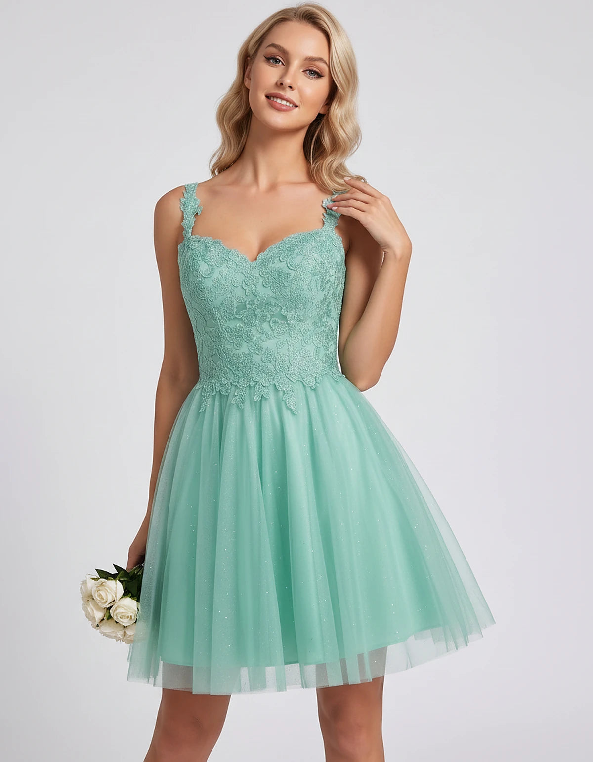 Polyester Tulle Satin Sleeveless Sweetheart V-Neck A-Line Mini Dress for Party, Cocktail, Evening, Summer & Wedding Guest Eve