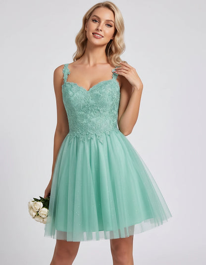 Polyester Tulle Satin Sleeveless Sweetheart V-Neck A-Line Mini Dress for Party, Cocktail, Evening, Summer & Wedding Guest Eve