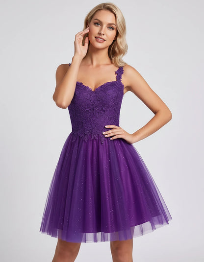 Polyester Tulle Satin Sleeveless Sweetheart V-Neck A-Line Mini Dress for Party, Cocktail, Evening, Summer & Wedding Guest Eve