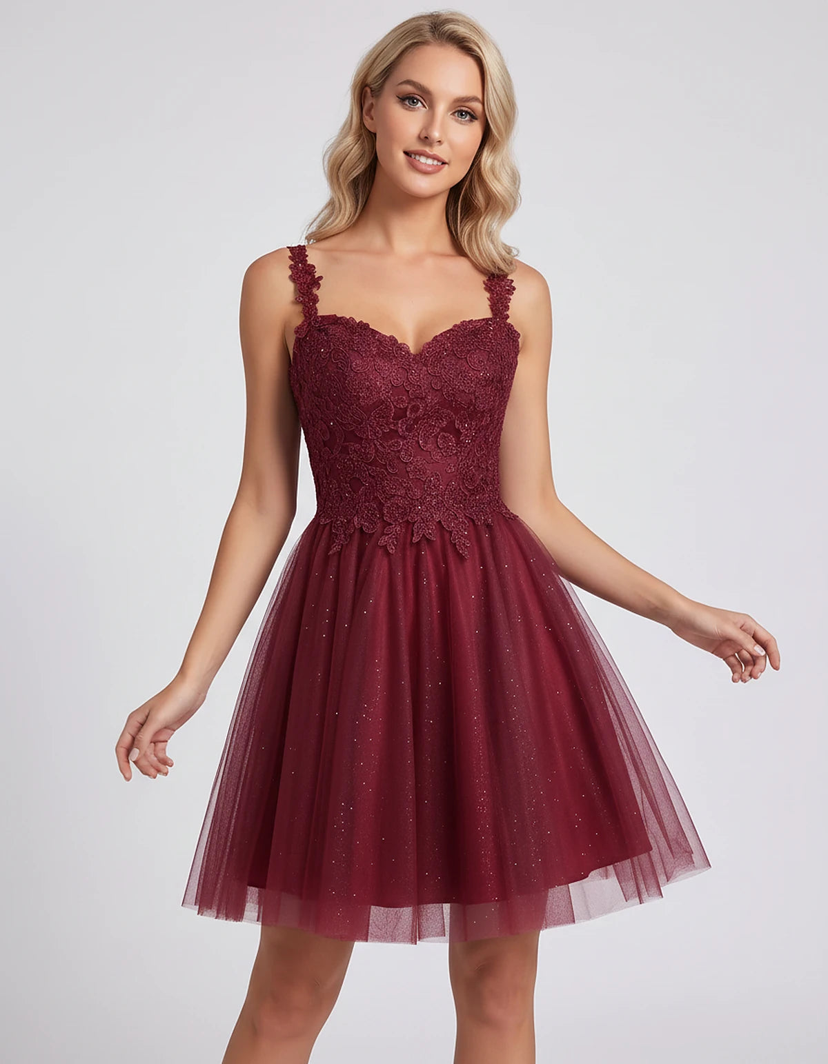 Polyester Tulle Satin Sleeveless Sweetheart V-Neck A-Line Mini Dress for Party, Cocktail, Evening, Summer & Wedding Guest Eve