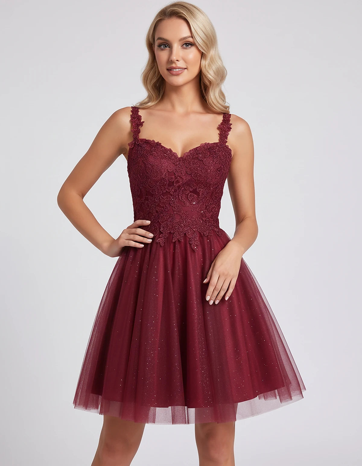 Polyester Tulle Satin Sleeveless Sweetheart V-Neck A-Line Mini Dress for Party, Cocktail, Evening, Summer & Wedding Guest Eve