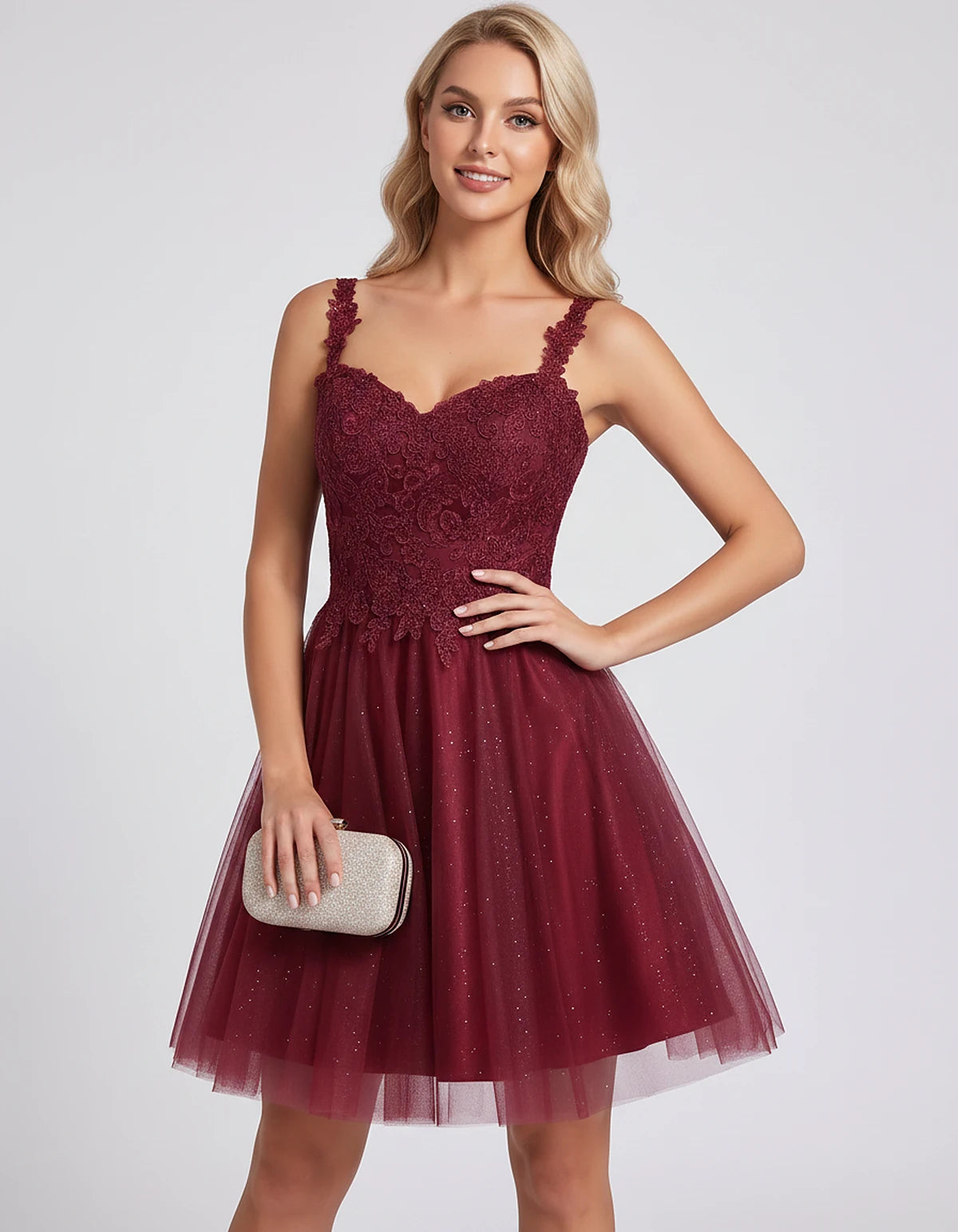 Polyester Tulle Satin Sleeveless Sweetheart V-Neck A-Line Mini Dress for Party, Cocktail, Evening, Summer & Wedding Guest Eve