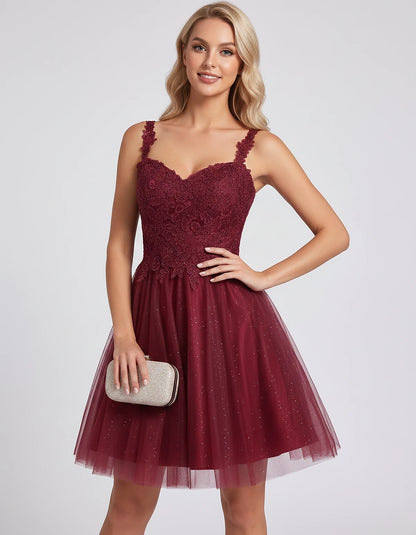 Polyester Tulle Satin Sleeveless Sweetheart V-Neck A-Line Mini Dress for Party, Cocktail, Evening, Summer & Wedding Guest Eve