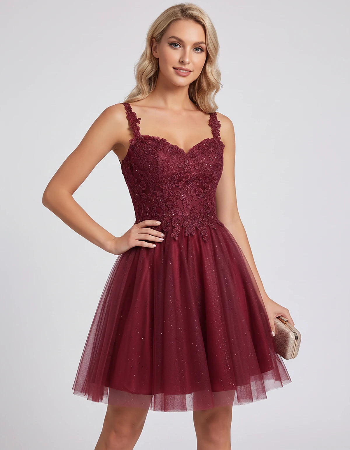 Polyester Tulle Satin Sleeveless Sweetheart V-Neck A-Line Mini Dress for Party, Cocktail, Evening, Summer & Wedding Guest Eve