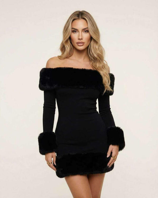 Pora Mini Dress in black with faux fur accents, stylish off-shoulder design by RAMBLION, perfect for elegant occasions.