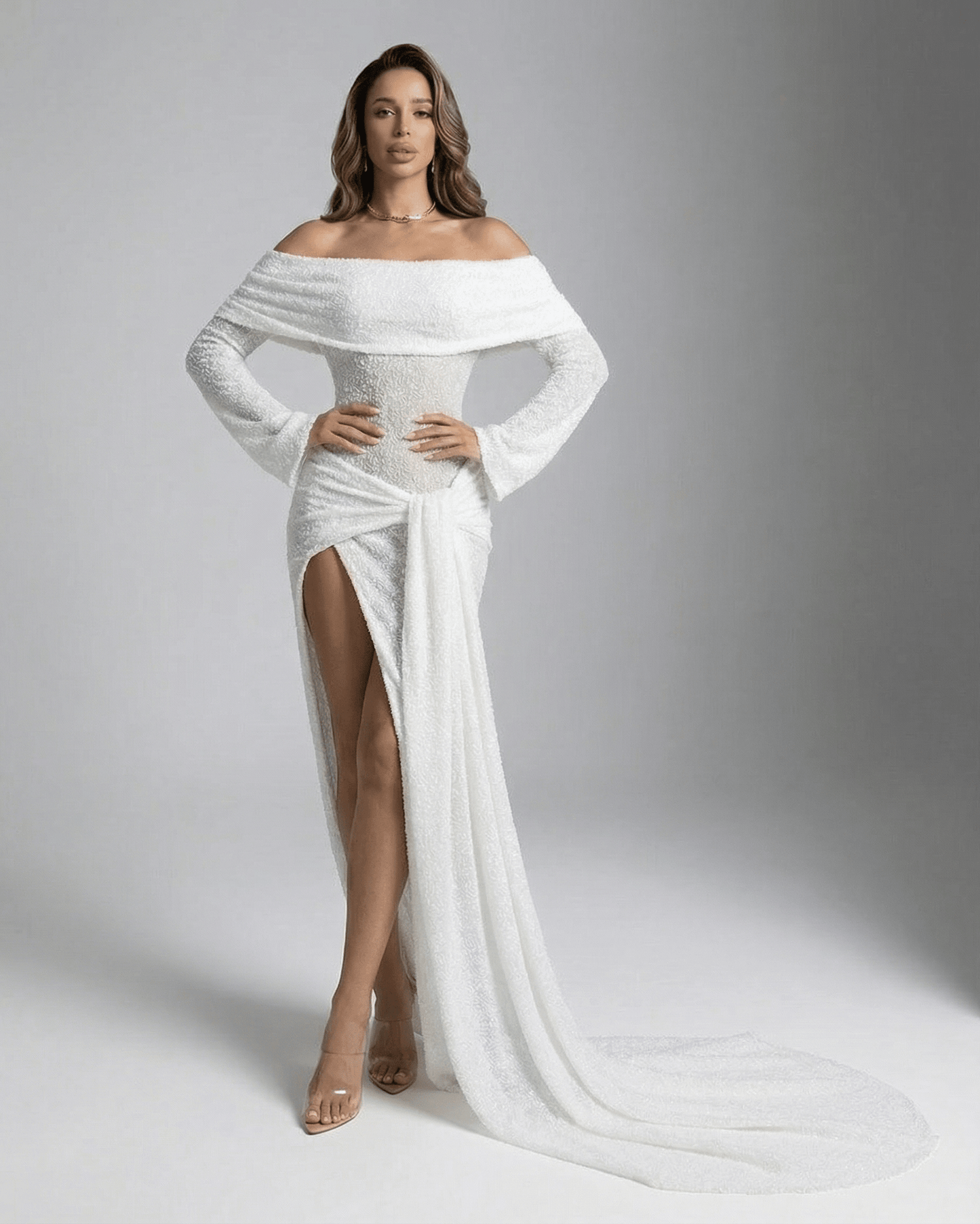 Positano Maxi Dress, elegant off-the-shoulder design, ankle-length, formal occasion, RAMBLION brand.