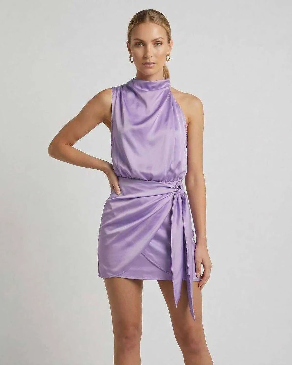 Purple Satin Wrap Turtle Neck Sleeveless Mini Dress | Gala Nights, Cocktail Hour, Daily Wear & Casual Outings, front view | R | SKU: VMD-839204761-purple-L-6757,VMD-839204761-purple-M-8857,VMD-839204761-purple-S-3514,VMD-839204761-purple-XL-5546,VMD-839204761-purple-XS-8906