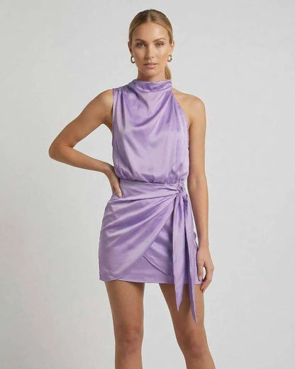 Purple Satin Wrap Turtle Neck Sleeveless Mini Dress | Gala Nights, Cocktail Hour, Daily Wear & Casual Outings, front view | R | SKU: VMD-839204761-purple-L-6757,VMD-839204761-purple-M-8857,VMD-839204761-purple-S-3514,VMD-839204761-purple-XL-5546,VMD-839204761-purple-XS-8906
