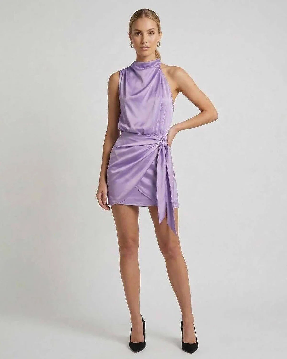 Purple Satin Wrap Turtle Neck Sleeveless Mini Dress | Gala Nights, Cocktail Hour, Daily Wear & Casual Outings, front view | R | SKU: VMD-839204761-purple-L-6757,VMD-839204761-purple-M-8857,VMD-839204761-purple-S-3514,VMD-839204761-purple-XL-5546,VMD-839204761-purple-XS-8906