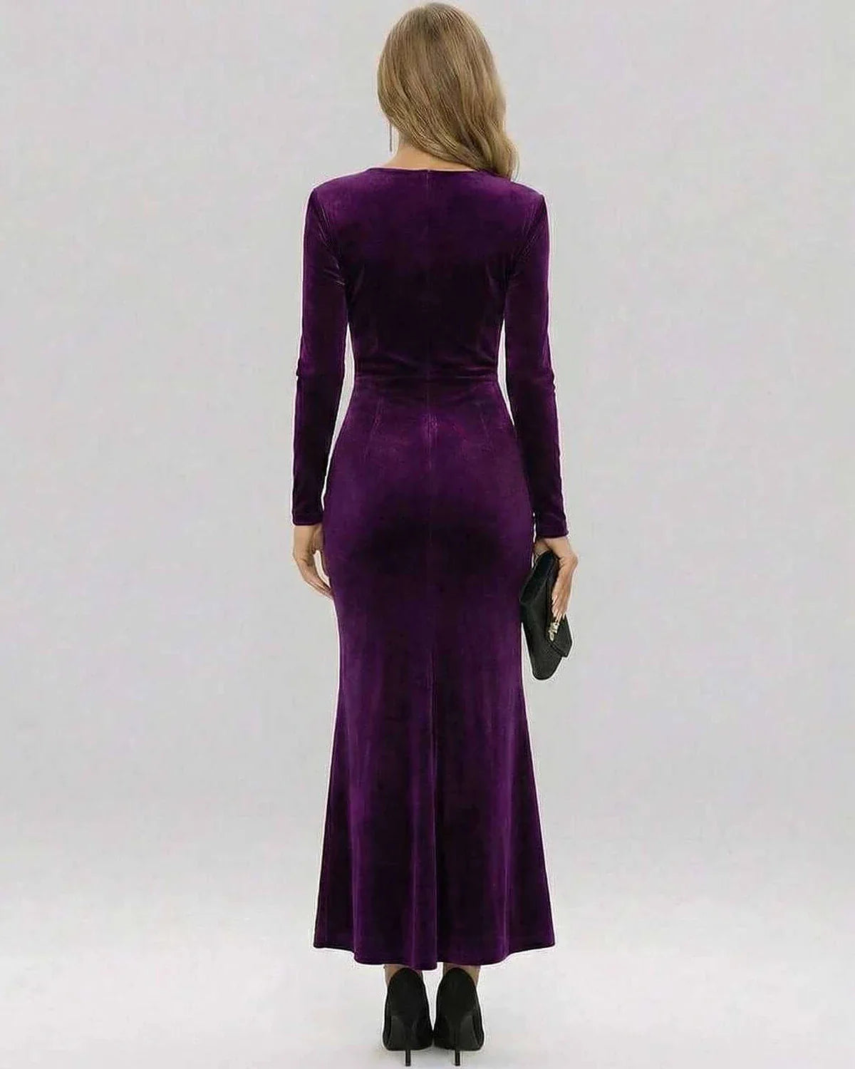 Purple Velvet Bodycon V-Neck Long Sleeve Maxi Dress | Gala Nights, Evening Parties & Guest of Wedding, back view | Ramblion | SKU: AMD-837462915-purple-L-8078,AMD-837462915-purple-M-7618,AMD-837462915-purple-S-4067,AMD-837462915-purple-XL-7064,AMD-837462915-purple-XS-9329