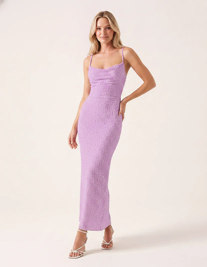 Polyester Sleeveless Draped Cowl Neck Slim Fit Floor Length Maxi Dress for Party, Cocktail, Evening, Summer & Wedding Guest E | SKU: RM-483920174615382-LILAC-L,RM-483920174615382-LILAC-M,RM-483920174615382-LILAC-S,RM-483920174615382-LILAC-XL,RM-483920174615382-LILAC-XS