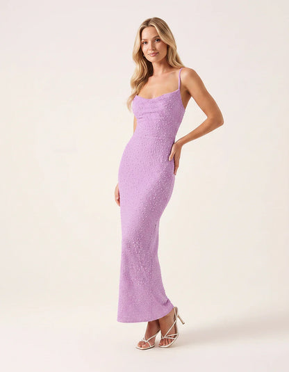 Polyester Sleeveless Draped Cowl Neck Slim Fit Floor Length Maxi Dress for Party, Cocktail, Evening, Summer & Wedding Guest E | SKU: RM-483920174615382-LILAC-L,RM-483920174615382-LILAC-M,RM-483920174615382-LILAC-S,RM-483920174615382-LILAC-XL,RM-483920174615382-LILAC-XS