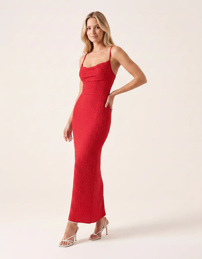 Polyester Sleeveless Draped Cowl Neck Slim Fit Floor Length Maxi Dress for Party, Cocktail, Evening, Summer & Wedding Guest E | SKU: RM-483920174615382-RED-L,RM-483920174615382-RED-M,RM-483920174615382-RED-S,RM-483920174615382-RED-XL,RM-483920174615382-RED-XS