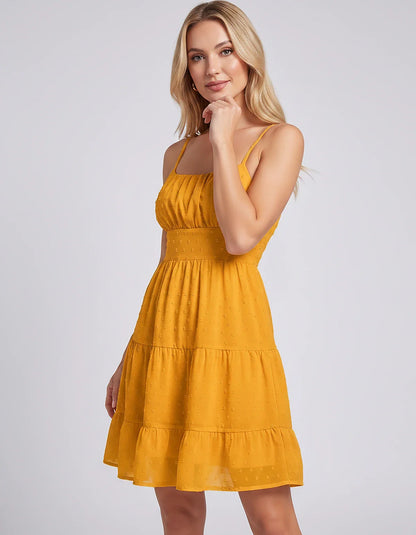Polyester Sleeveless Square Neck Fit and Flare Mini Dress for Party, Cocktail, Evening, Summer Vacation & Wedding Guest Occas | SKU: RMD-143457560896630-YELLOW-L,RMD-143457560896630-YELLOW-M,RMD-143457560896630-YELLOW-S,RMD-143457560896630-YELLOW-XL,RMD-143457560896630-YELLOW-XS