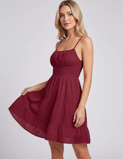 Polyester Sleeveless Square Neck Fit and Flare Mini Dress for Party, Cocktail, Evening, Summer Vacation & Wedding Guest Occas | SKU: RMD-143457560896630-BURGUNDY-L,RMD-143457560896630-BURGUNDY-M,RMD-143457560896630-BURGUNDY-S,RMD-143457560896630-BURGUNDY-XL,RMD-143457560896630-BURGUNDY-XS