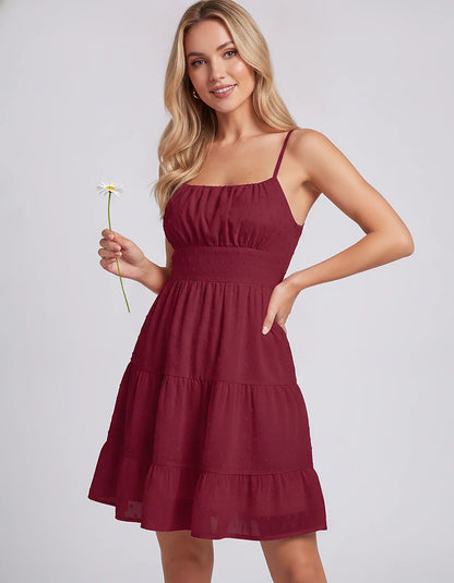Polyester Sleeveless Square Neck Fit and Flare Mini Dress for Party, Cocktail, Evening, Summer Vacation & Wedding Guest Occas | SKU: RMD-143457560896630-BURGUNDY-L,RMD-143457560896630-BURGUNDY-M,RMD-143457560896630-BURGUNDY-S,RMD-143457560896630-BURGUNDY-XL,RMD-143457560896630-BURGUNDY-XS