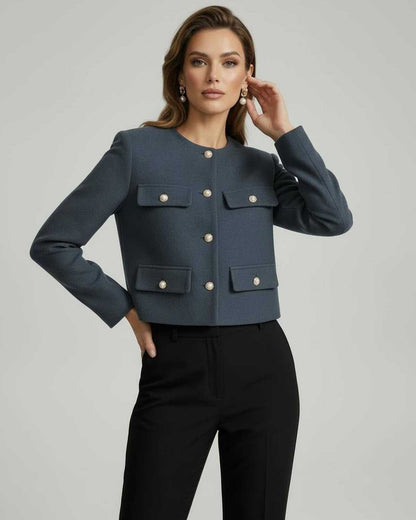 Rage Jacket - chic cropped slate blue outerwear with pearl buttons by RAMBLION, perfect for stylish occasions.