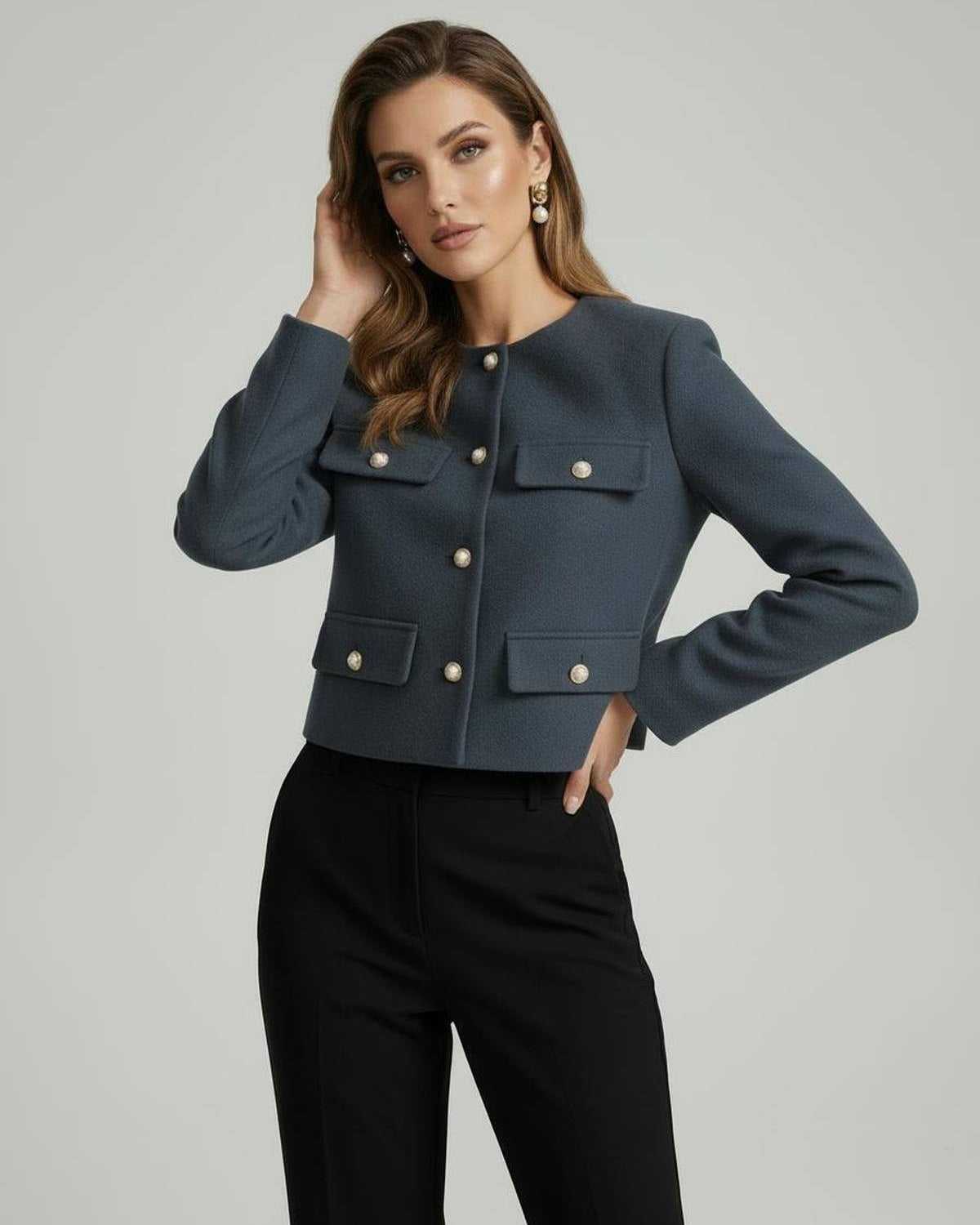 Rage Jacket by RAMBLION, stylish cropped design with gold-tone buttons, perfect for chic occasions.
