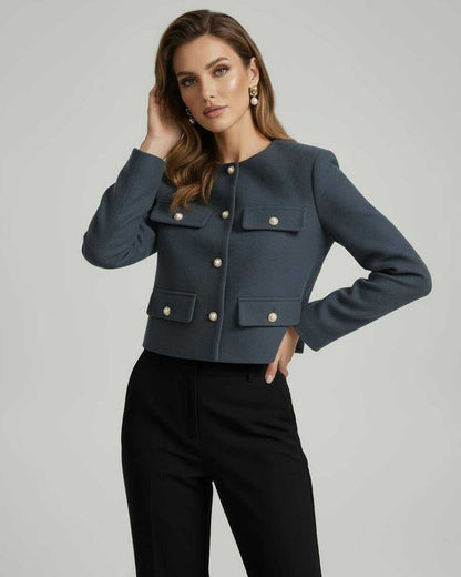 Rage Jacket by RAMBLION, stylish cropped design with gold-tone buttons, perfect for chic occasions.