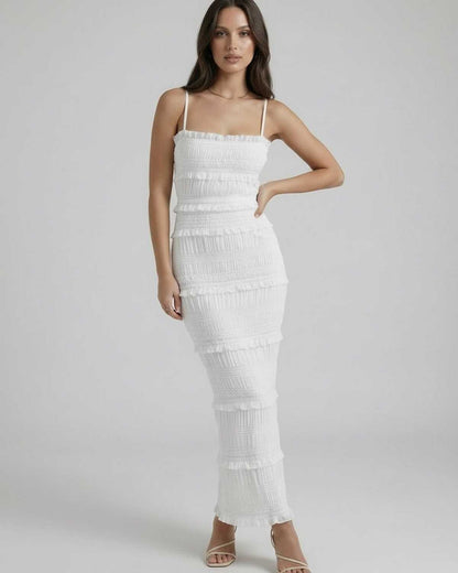 Ragi Maxi Dress by RAMBLION, elegant white ankle-length with square neck, perfect for sophisticated occasions.