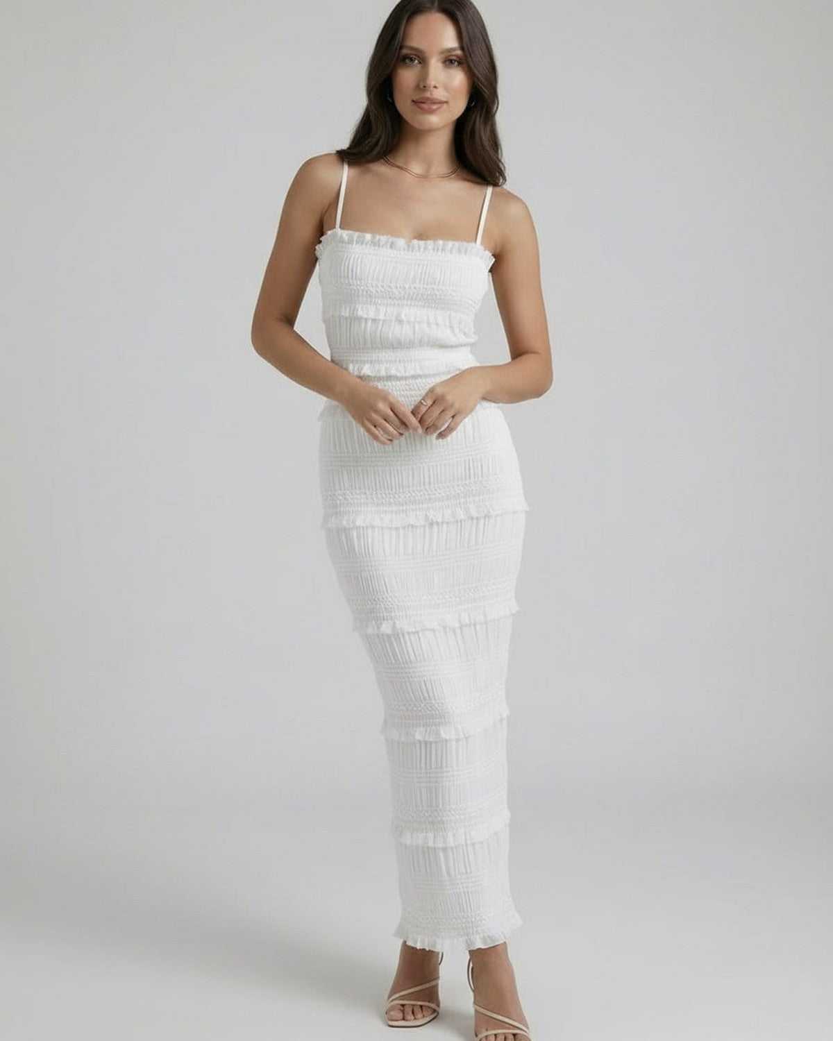 Ragi Maxi Dress by RAMBLION, elegant white ankle-length dress, 100% polyester satin, perfect for special occasions.