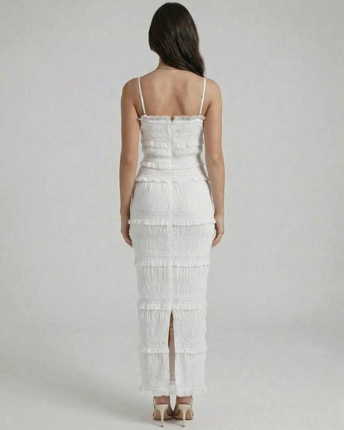 Ragi Maxi Dress by RAMBLION, white ankle-length, elegant silhouette, 100% polyester satin, perfect for special occasions.