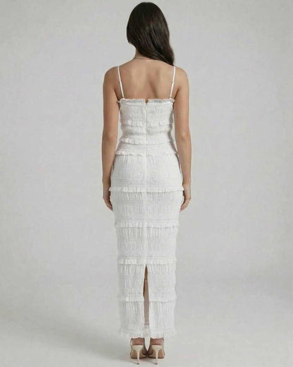 Ragi Maxi Dress by RAMBLION, white ankle-length, elegant silhouette, 100% polyester satin, perfect for special occasions.
