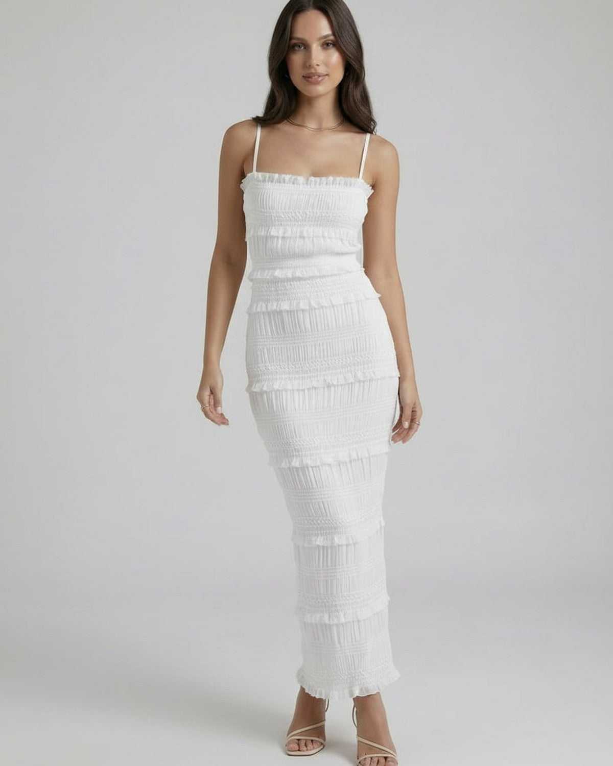 Ragi Maxi Dress by RAMBLION, white ankle-length satin, square neck, elegant and sophisticated look for special occasions.