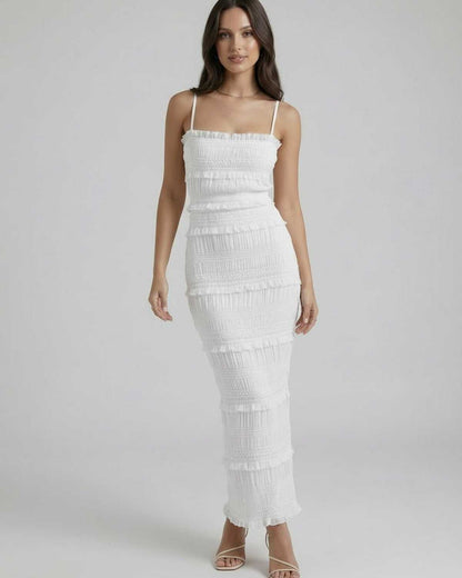 Ragi Maxi Dress by RAMBLION, white ankle-length satin, square neck, elegant and sophisticated look for special occasions.