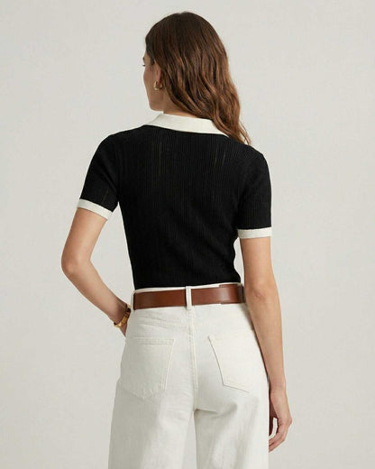 Ragi Polo black mini dress with short sleeves, round neck, and comfortable fit by RAMBLION for casual outings.