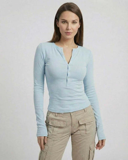 Ragi Top by RAMBLION: Soft blue long sleeve top, perfect for casual outings, with a relaxed fit and delightful feel.