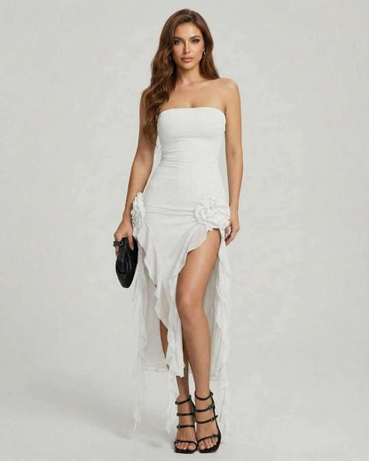 Ragu Maxi Dress – White ankle-length, strapless, luxurious satin blend, perfect for upscale events, by RAMBLION.