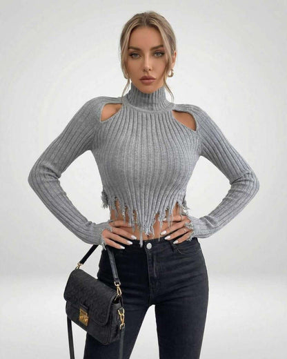 Ragu Sweater by RAMBLION, grey ribbed, cropped design, chic comfort, perfect for casual outings.