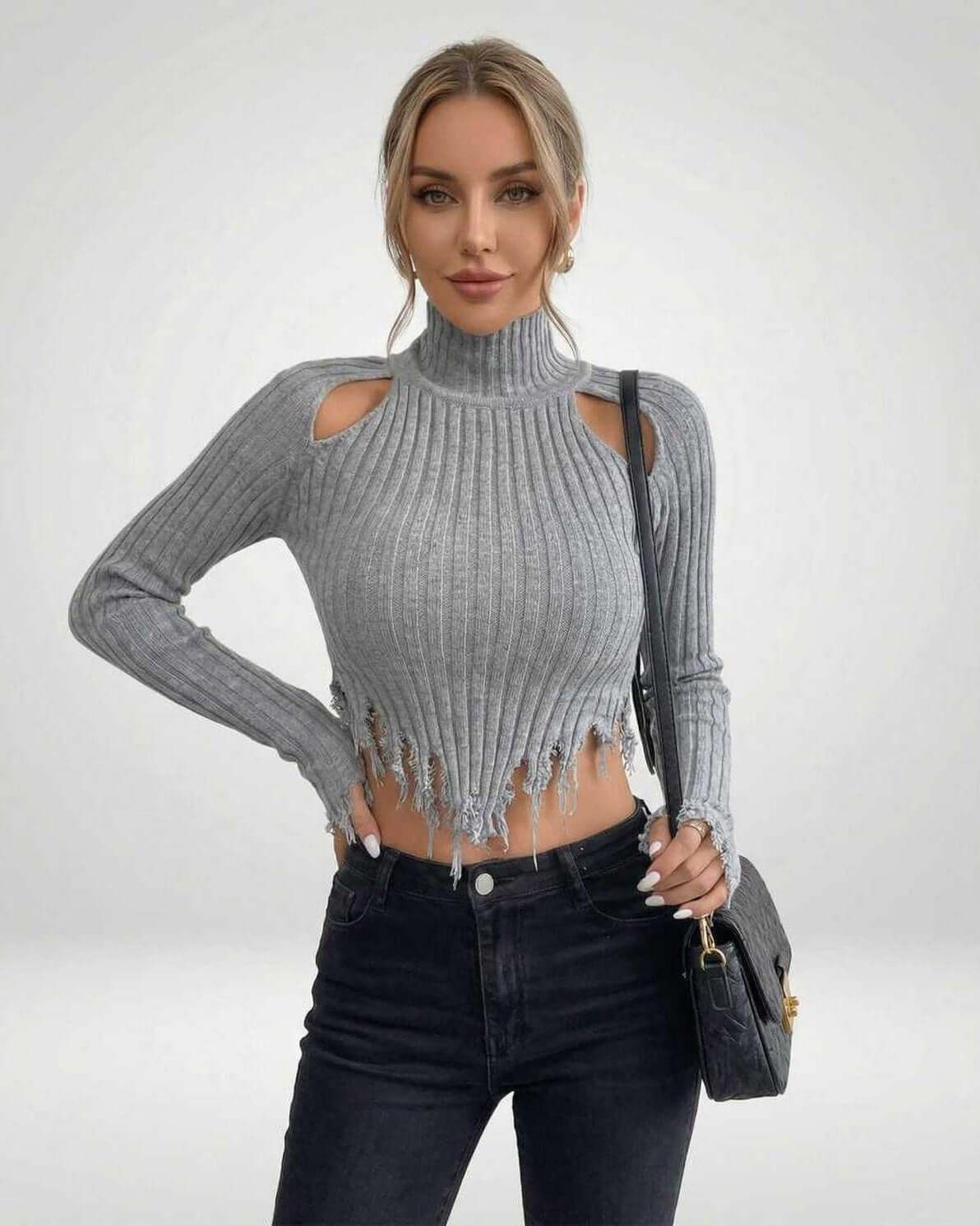 Ragu Sweater by RAMBLION, grey ribbed knit, stylish silhouette, perfect for casual outings, warm and comfortable.