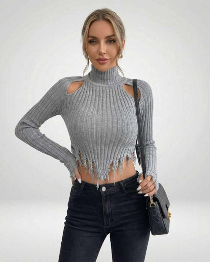 Ragu Sweater by RAMBLION, grey ribbed knit, stylish silhouette, perfect for casual outings, warm and comfortable.