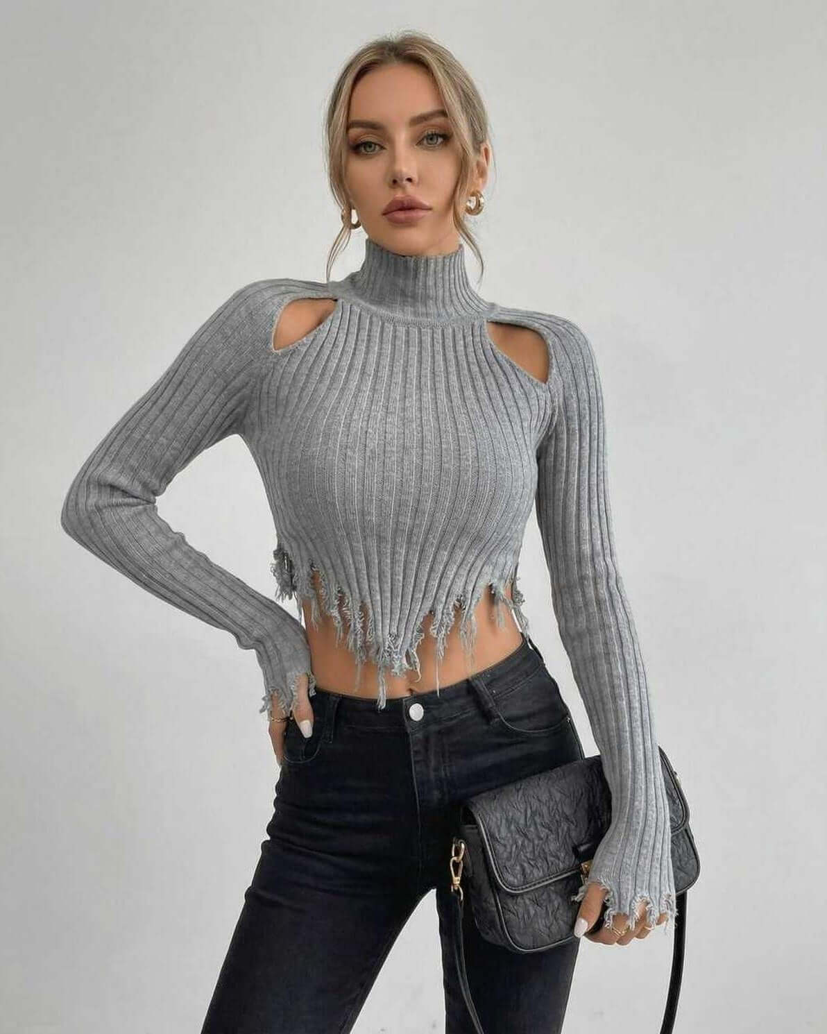 Ragu Sweater by RAMBLION, grey ribbed knit, stylish crop design, perfect for chic outings.