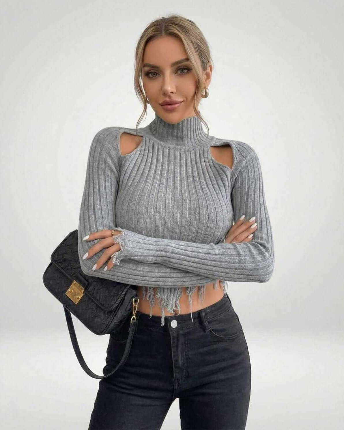 Ragu Sweater - Grey ribbed knit, trendy cutouts, stylish comfort, perfect for casual outings - RAMBLION brand.