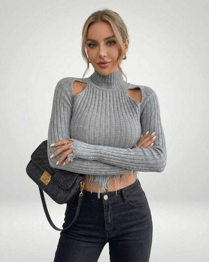 Ragu Sweater - Grey ribbed knit, trendy cutouts, stylish comfort, perfect for casual outings - RAMBLION brand.