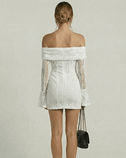 Ragy Mini Dress, off-shoulder lace design, sophisticated elegance, perfect for special occasions, by RAMBLION.