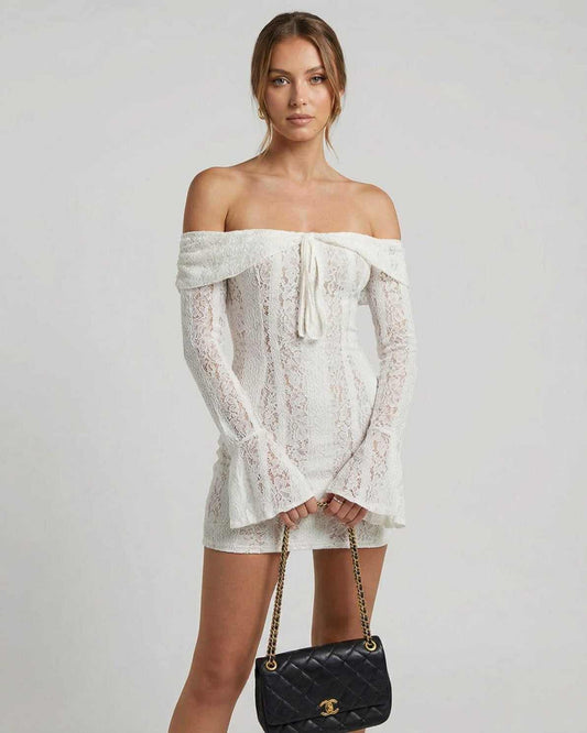 Ragy Mini Dress by RAMBLION, white off-shoulder lace dress, sophisticated elegance for modern occasions.