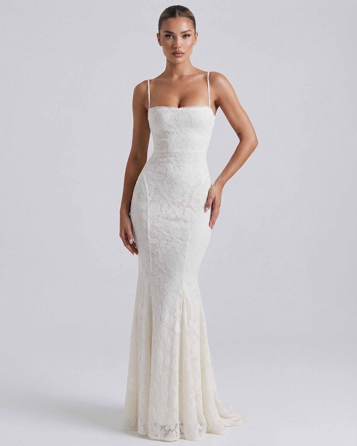 Raha Maxi Dress in white lace, elegant and luxurious, perfect for formal occasions. By RAMBLION, made from high-quality materials.