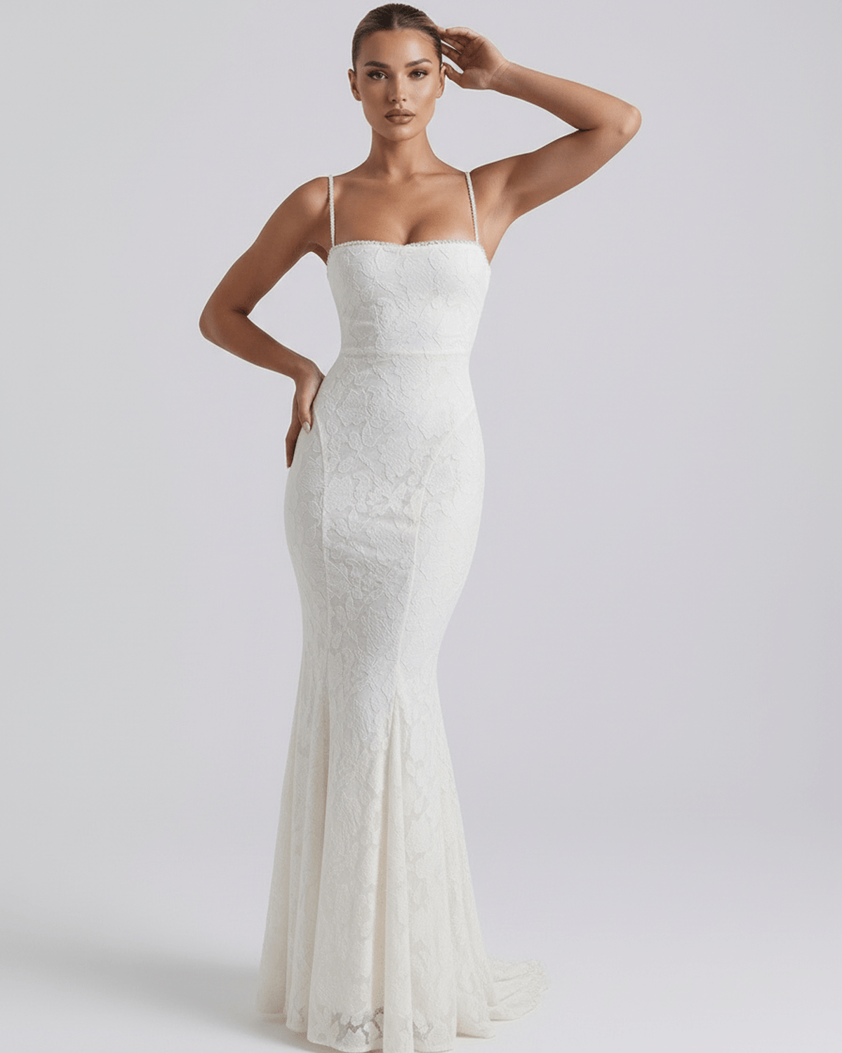 Raha Maxi Dress - Elegant white lace dress, perfect for formal occasions, by RAMBLION.