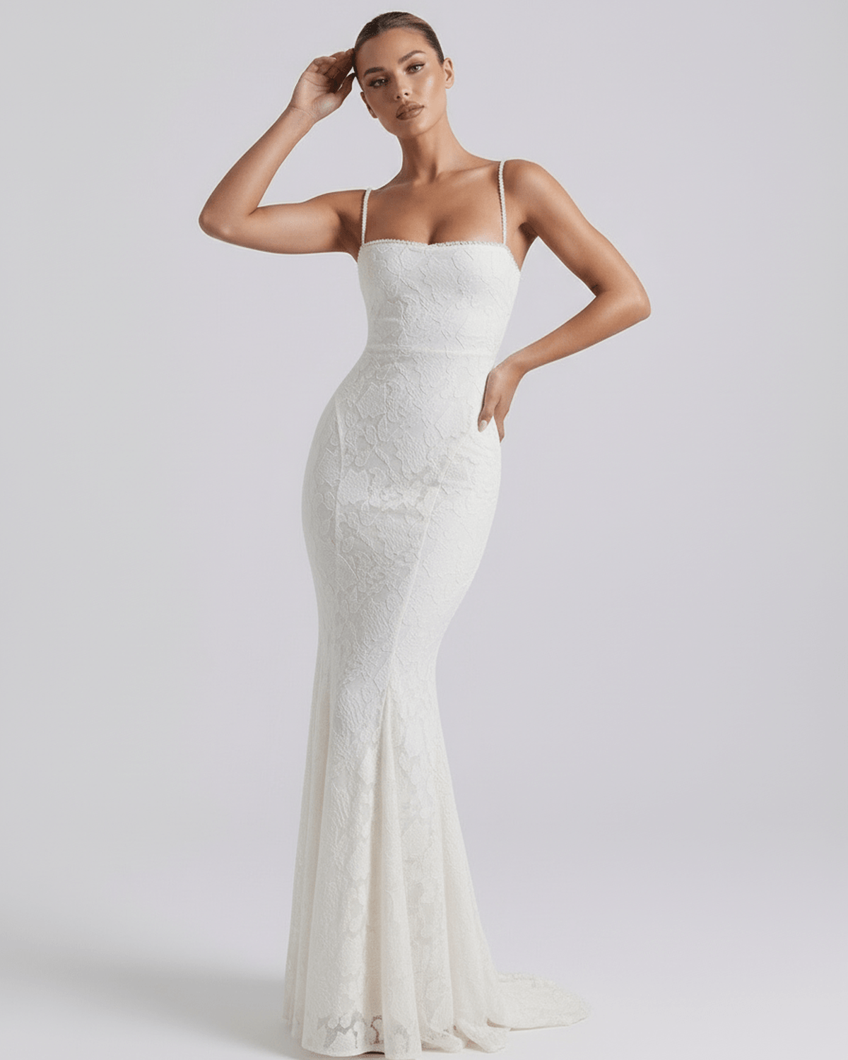 Raha Maxi Dress - elegant white lace gown, perfect for formal events, by RAMBLION, showcasing a luxurious silhouette.