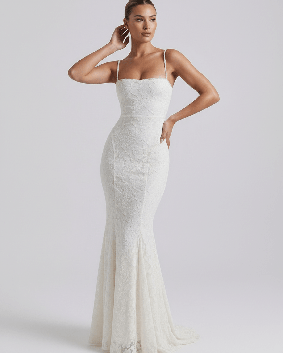Raha Maxi Dress in white lace, elegant design perfect for formal occasions, by RAMBLION.