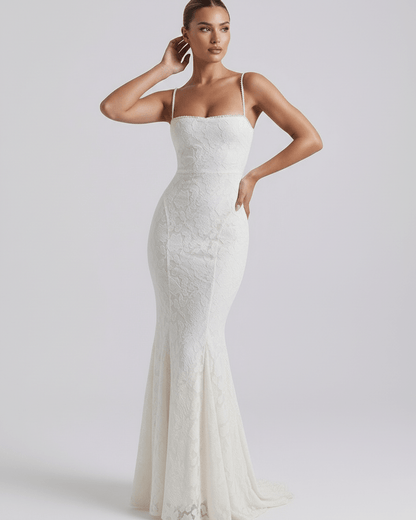 Raha Maxi Dress in white lace, elegant design perfect for formal occasions, by RAMBLION.