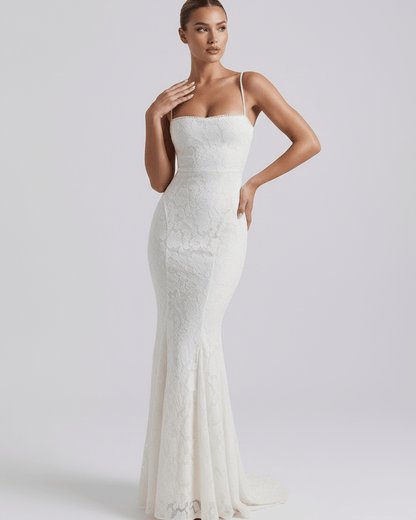 Raha Maxi Dress featuring a stunning white lace design, perfect for formal occasions by RAMBLION.