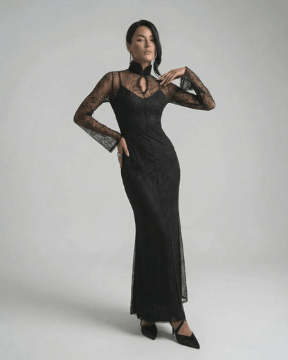 Raia Maxi Dress in black lace, ankle-length with round neck; elegant and sophisticated from RAMBLION, perfect for special occasions.