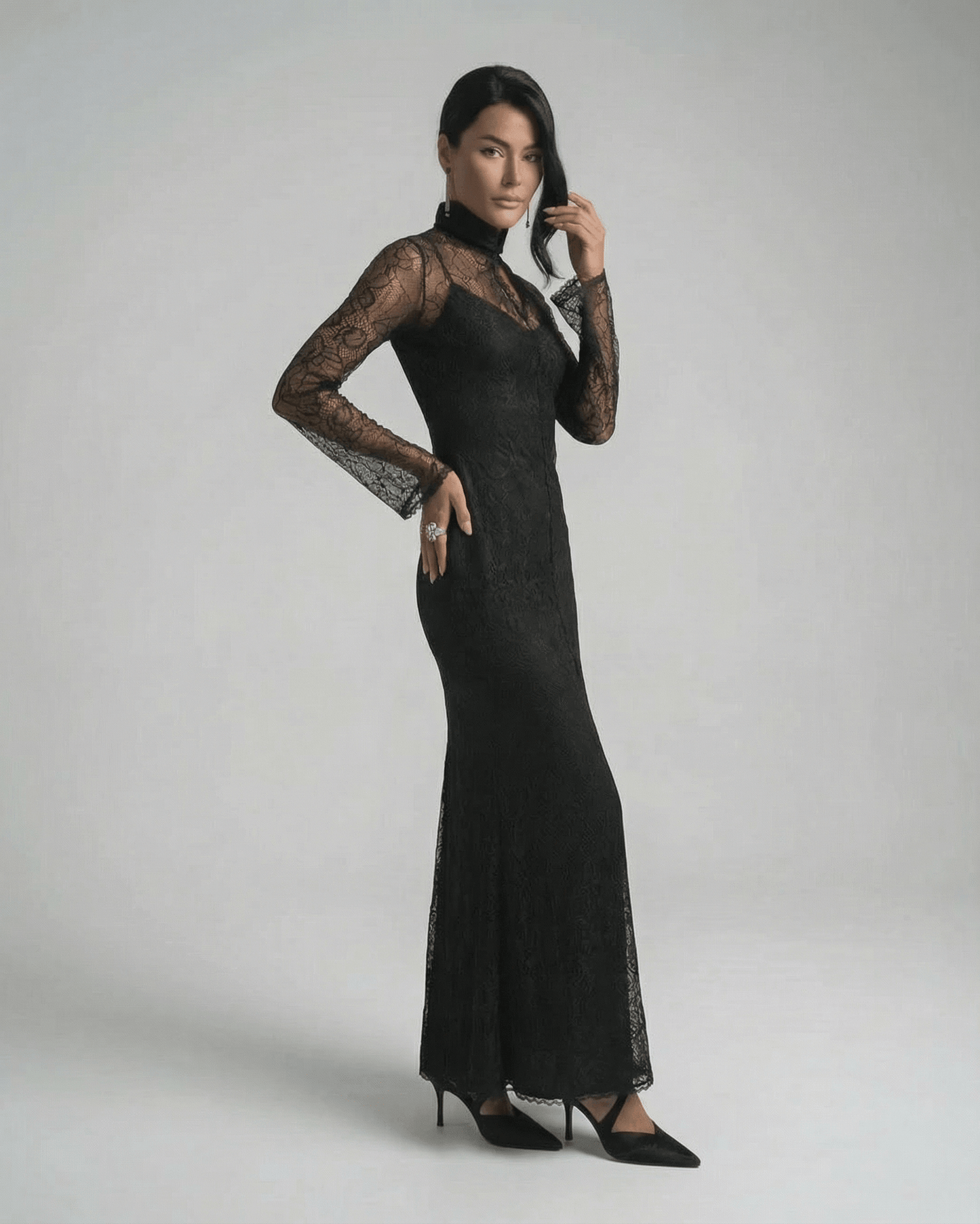 Raia Maxi Dress in black lace, elegant ankle-length for sophisticated occasions, by RAMBLION.