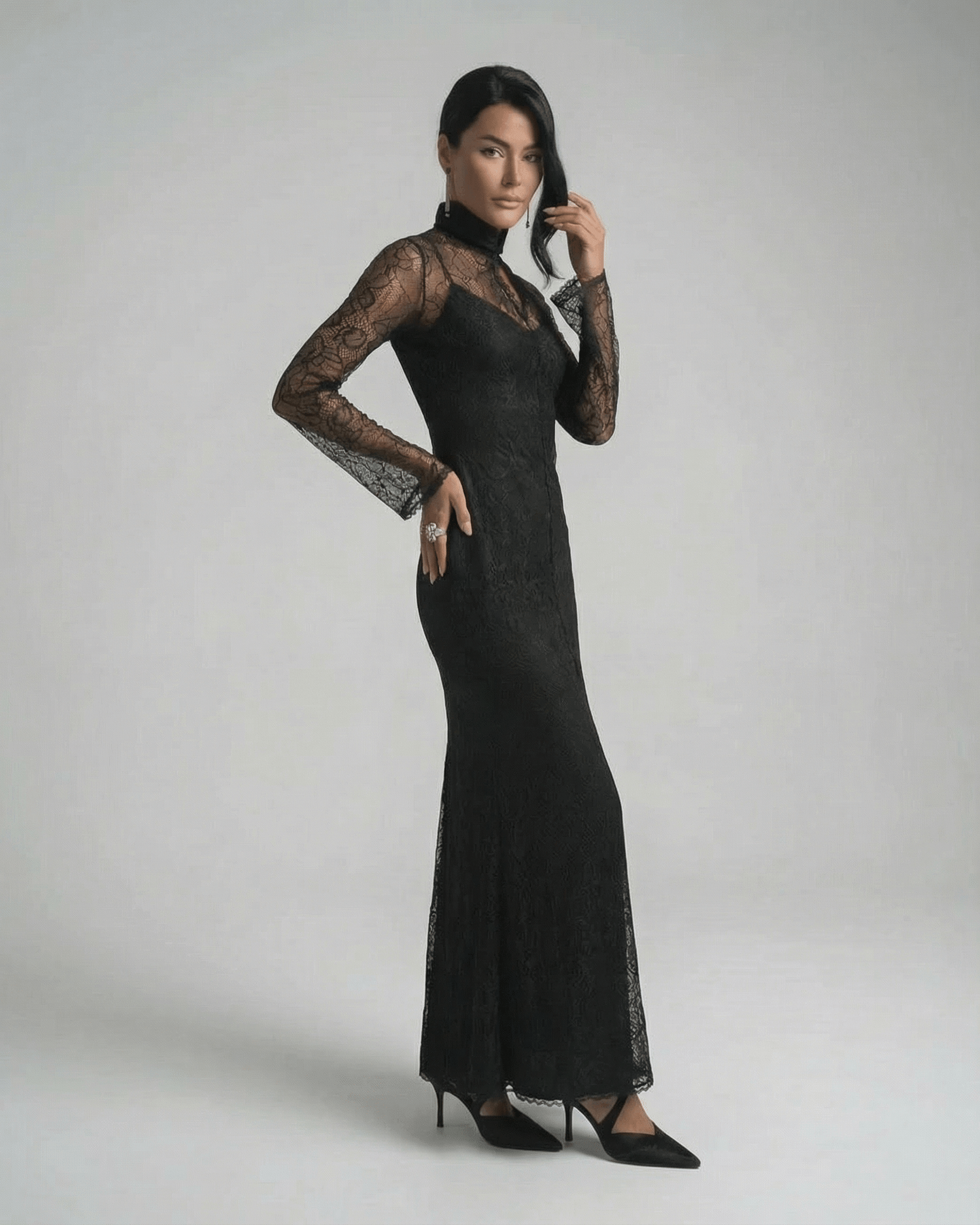 Raia Maxi Dress in black lace, elegant ankle-length for sophisticated occasions, by RAMBLION.