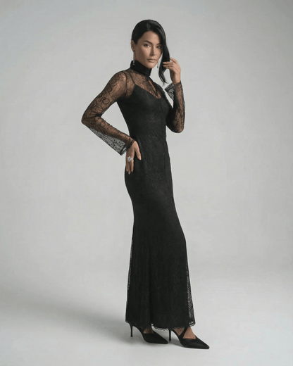 Raia Maxi Dress in black lace, elegant ankle-length for sophisticated occasions, by RAMBLION.